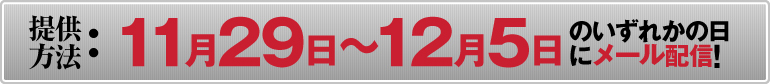 提供方法：11月29日～12月5日のいずれかの日にメール配信!（すべての情報を1度に送信いたします。メールの着信をお見逃しなく!）