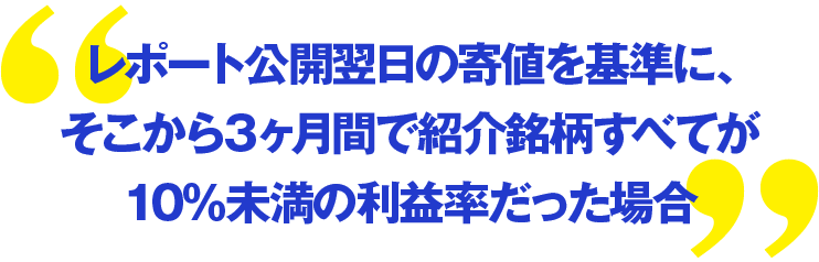 レポート公開翌日の寄値を基準に、そこから3ヶ月間で紹介銘柄すべてが10%未満の利益率だった場合