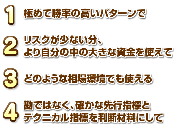 1.極めて勝率の高いパターンで  2.リスクが少ない分、より自分の中の大きな資金を使えて  3.どのような相場環境でも使える  4.勘ではなく、確かな先行指標とテクニカル指標を判断材料にして